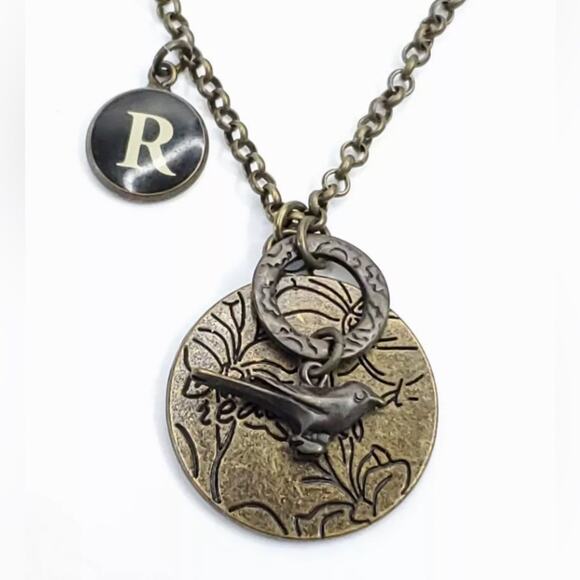 PENDANT NECKLACE “Redeemed” Floral Medallion, 3D Bird, R Charm Bronze Religious - Picture 10 of 12